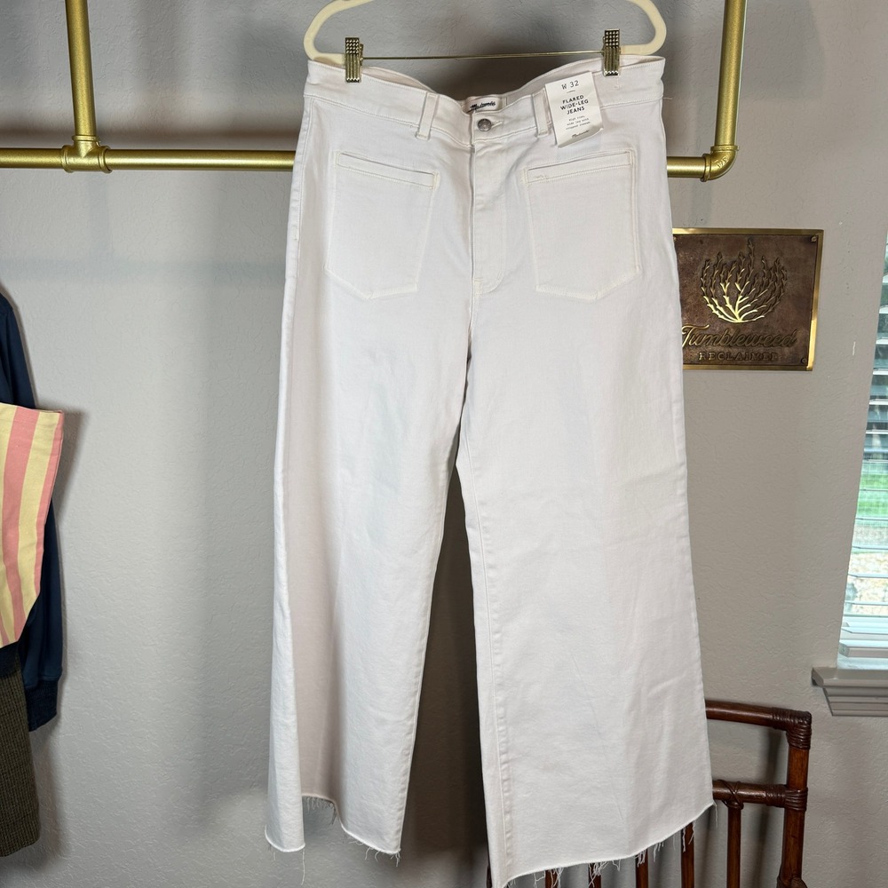 Madewell Flared Wide-Leg Jeans White High Rise Cropped Raw Hem W32‎ CKP500600188